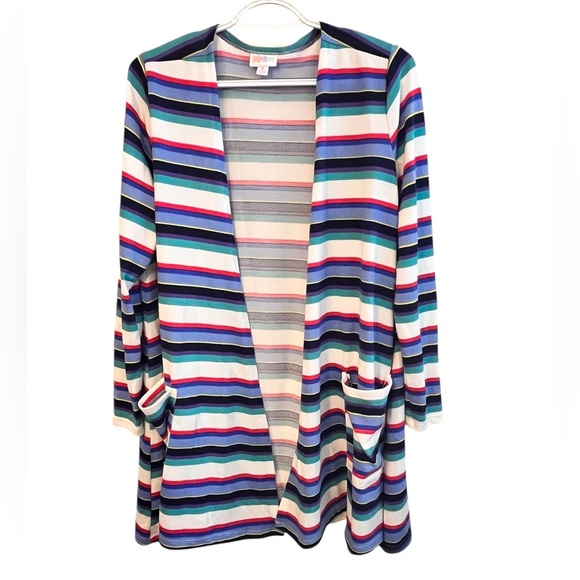 LuLaRoe Caroline Women’s Medium Open Front Cardigan Stripe Pockets Long Sleeve - Picture 1 of 5